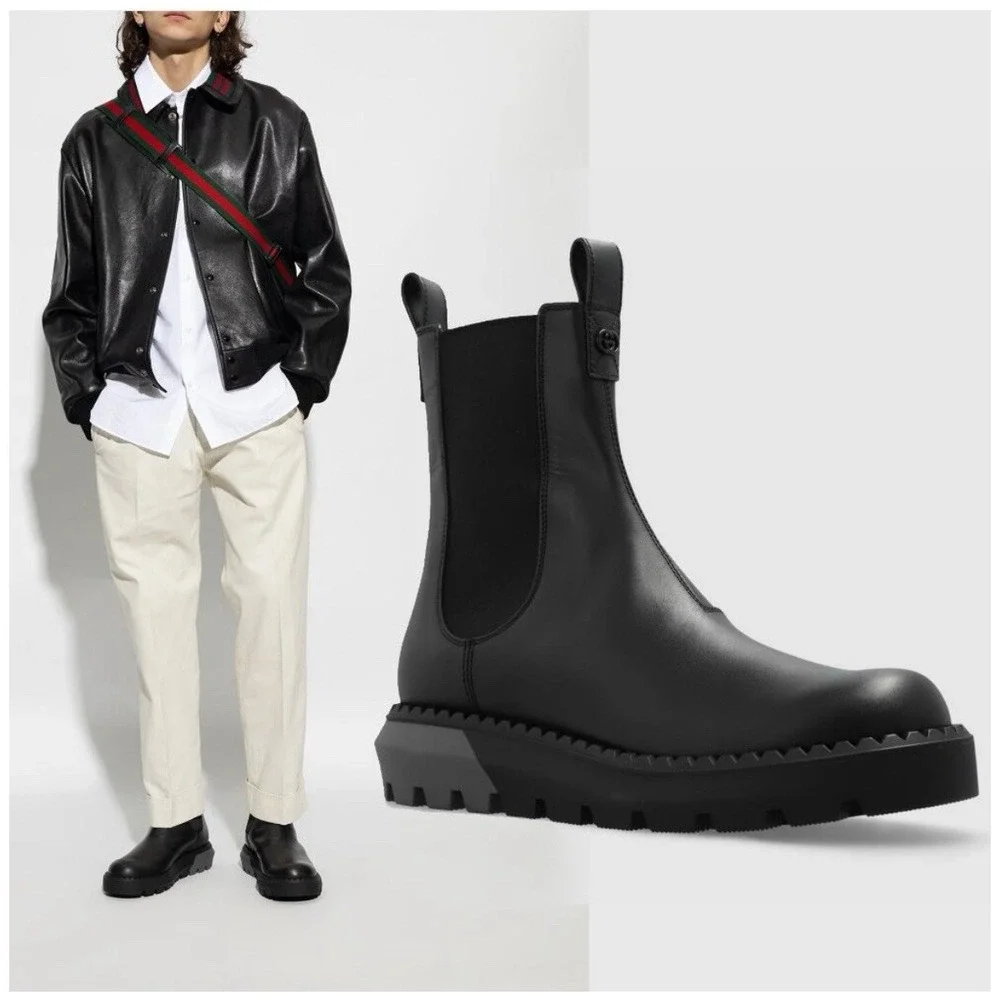 Gucci Chelsea Leather Interlocking GG Ankle Boots Black Men's UK 7.5 US 8